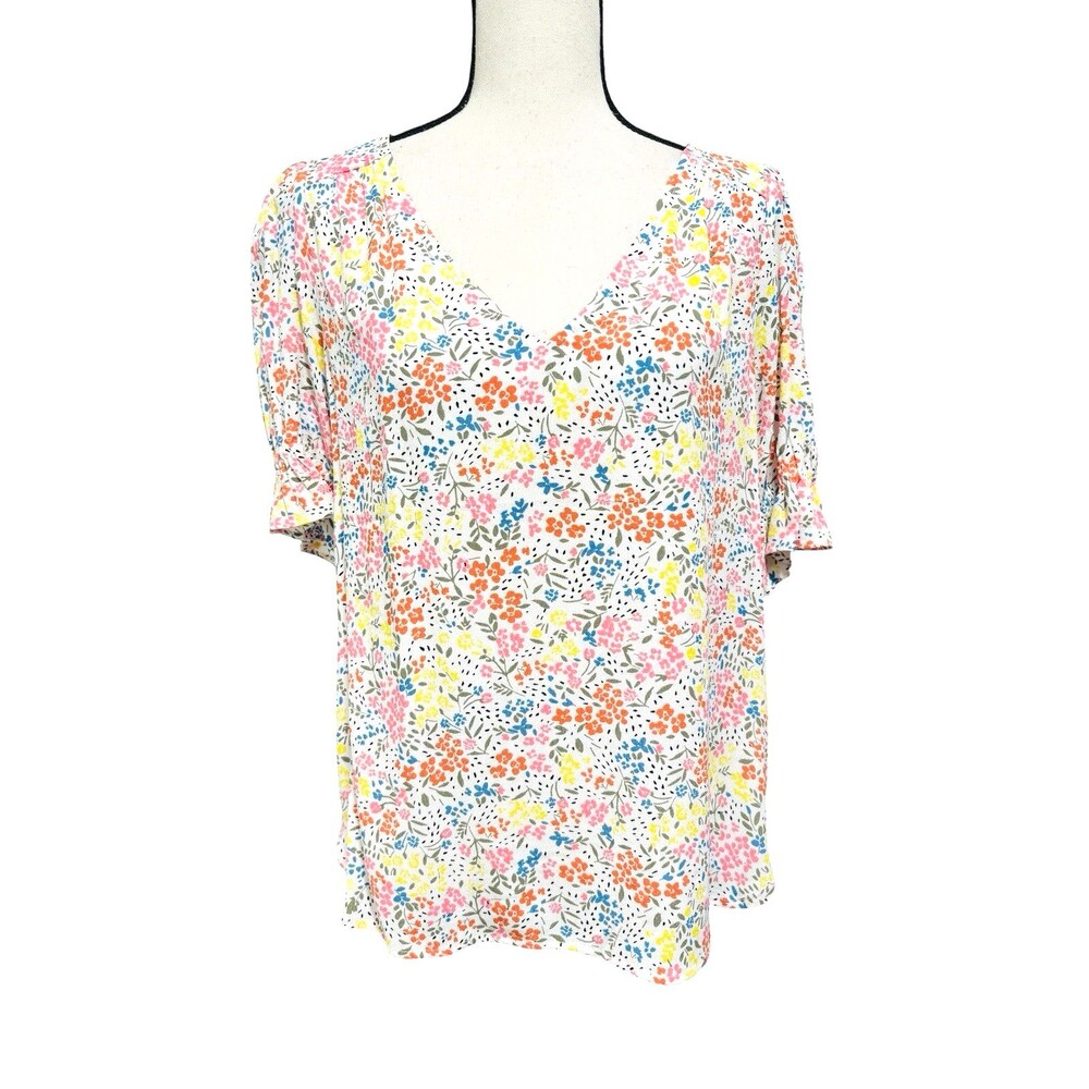 Loft White Ditsy Floral Blouse Sz Small Short Sleeve